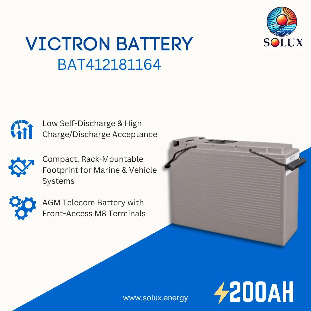 A main product graphic for victron battery model BAT412181164, 200Ah with key features