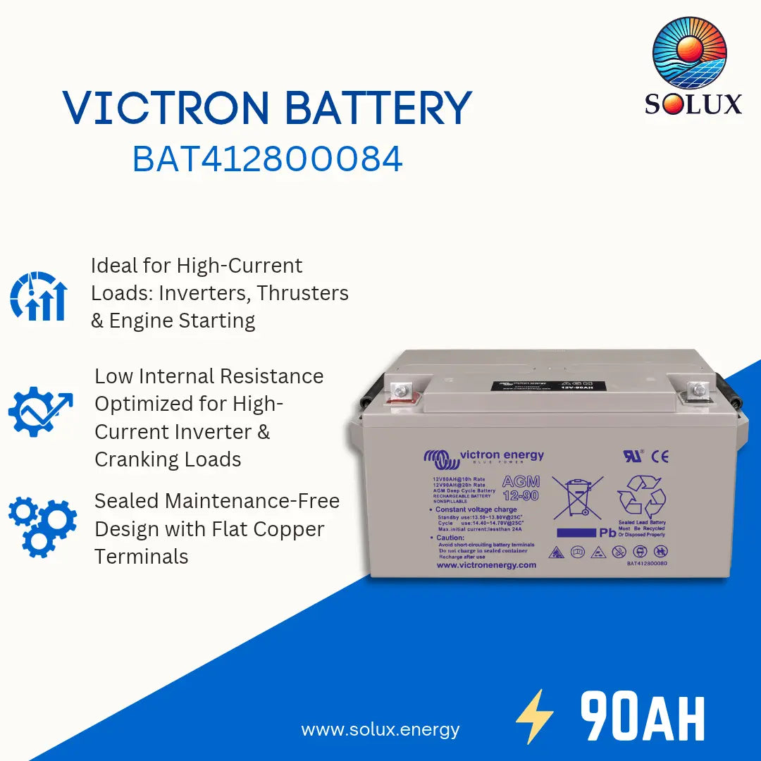 Victron battery BAT412800084 by Solux, a 90Ah sealed maintenance-free battery with a flat copper terminal design, shown on a white and blue graphic background with product features listed on the left.