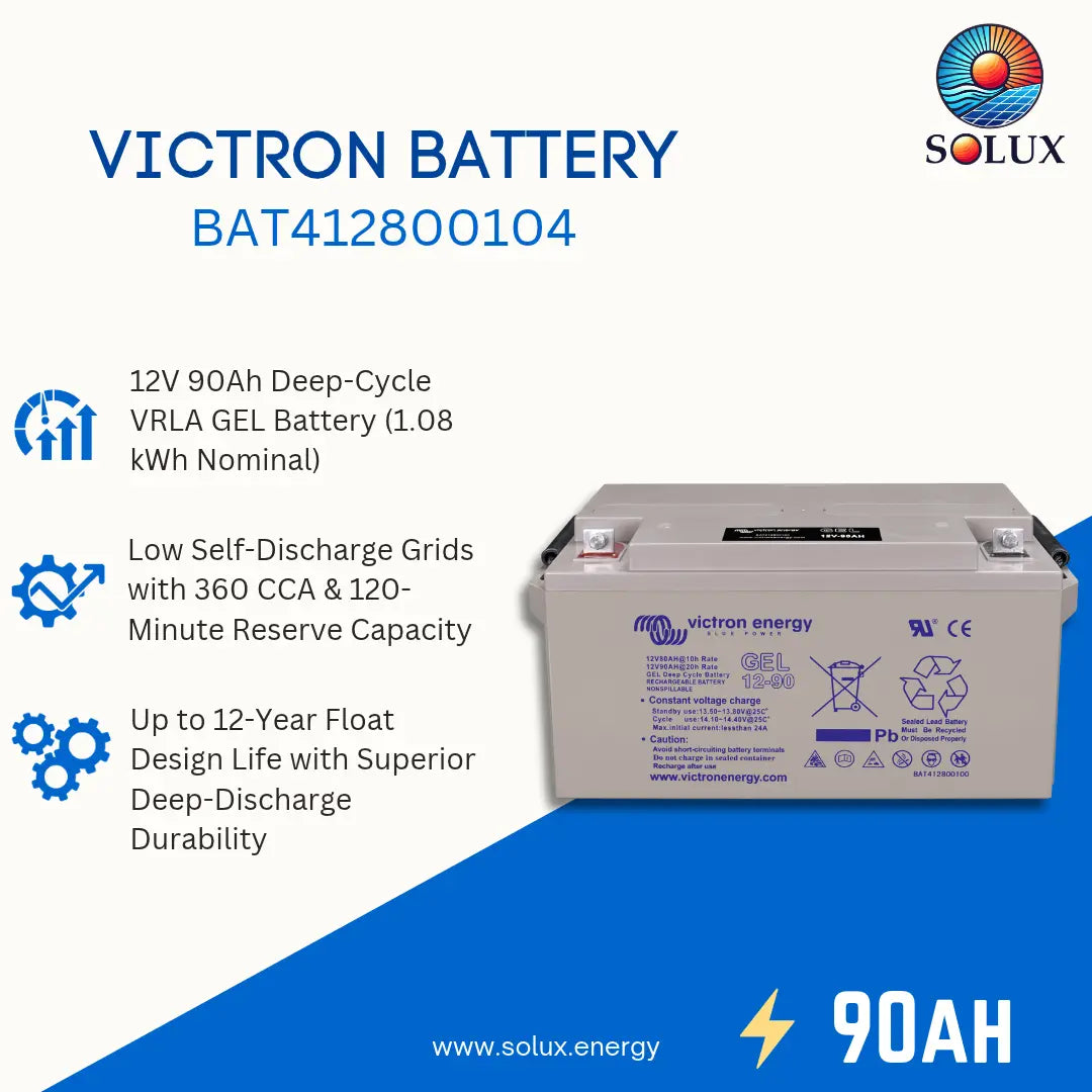 A Victron battery product graphic on a white and blue background, showing the battery itself plus marketing text and icons for 12V 90Ah deep-cycle VRLA gel battery features. The Solux logo is visible in the top right.