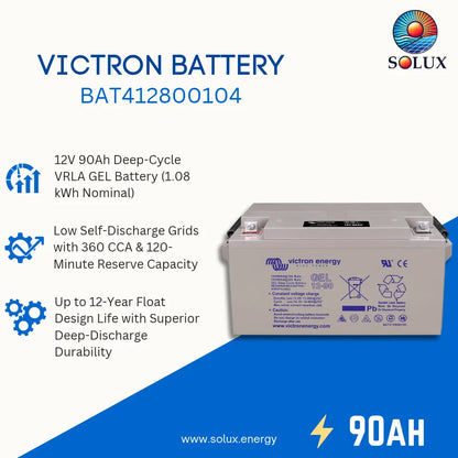 A Victron battery product graphic on a white and blue background, showing the battery itself plus marketing text and icons for 12V 90Ah deep-cycle VRLA gel battery features. The Solux logo is visible in the top right.