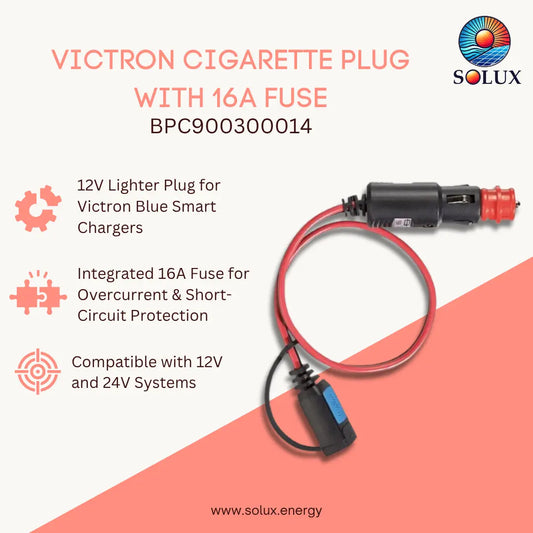 Solux Victron cigarette plug with integrated 16A fuse, shown on a split white and coral background with product features listed on the left.