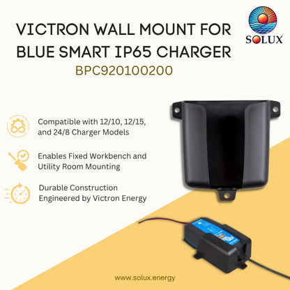 A promotional graphic for a Solux Victron wall mount adapter, showing a black plastic wall mount bracket and a blue/black IP65 charger. The image includes text detailing compatibility with 12/10, 12/15, and 24/8 charger models, and features the Solux and Victron logos.