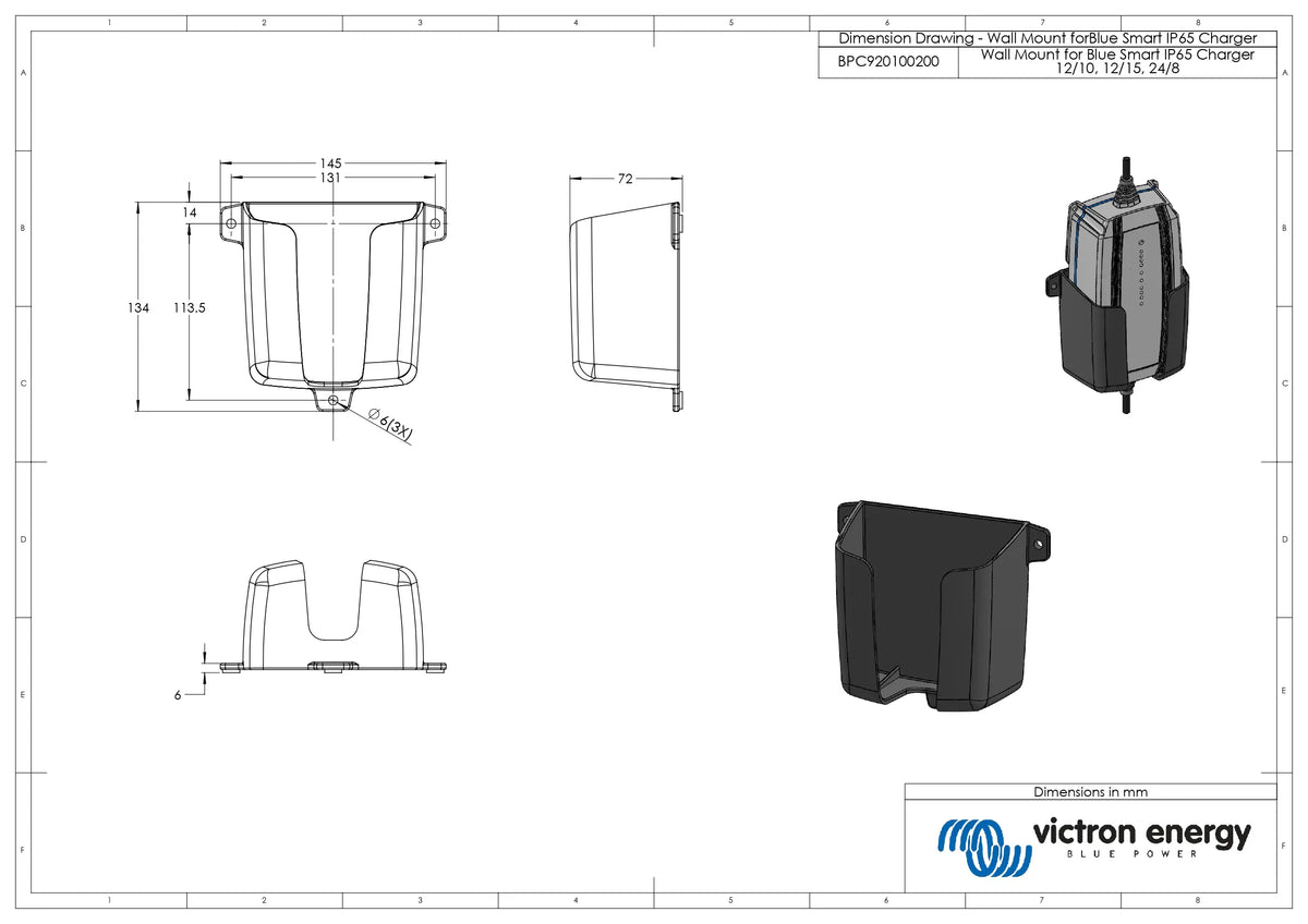 Technical dimension drawing of a wall mount electric small pump charger, showing multiple orthographic views with measurements, plus a rendered 3D view and the Victron Energy logo on a white sheet.