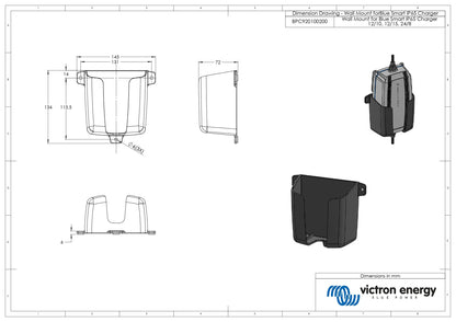 Technical dimension drawing of a wall mount electric small pump charger, showing multiple orthographic views with measurements, plus a rendered 3D view and the Victron Energy logo on a white sheet.