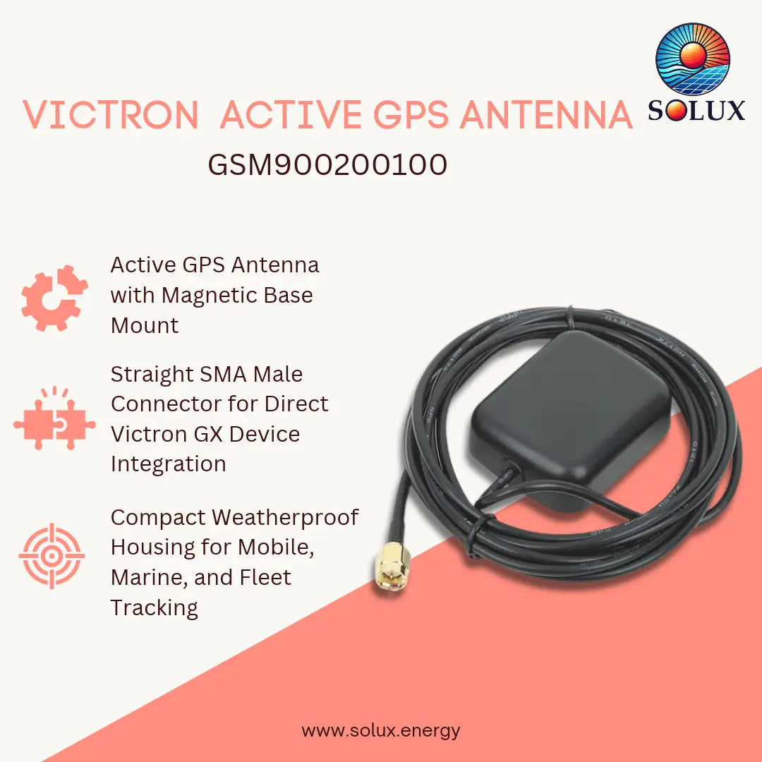 Victron active GPS antenna by Solux, model GSM900200100, featuring a black SMA male connector, coiled cable, and magnetic base mount, presented on a light background with product features and branding.