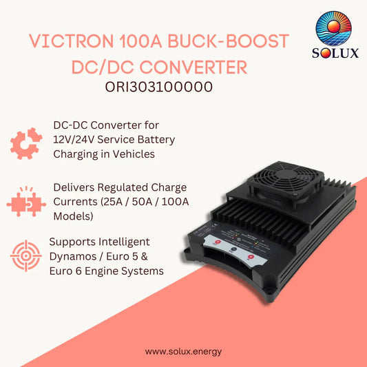 SOLUX Victron 100A Buck-Boost DC/DC Converter ORI30310000 product listing graphic on a light background with coral diagonal sections. The image includes product text, feature icons, the Solux logo, and a photo of the black electronic converter unit with attached fan and cooling fins.