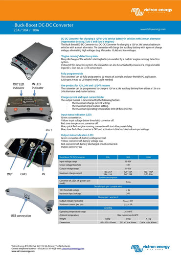 A technical product sheet for the Victor Energy Buck-Boost DC-DC Converter, showing the product photo, wiring diagram, USB connection diagram, and a data sheet table on a white background with an orange header.