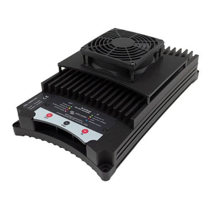 Black electronic device with cooling fan on a white background