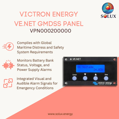 Promotional graphic for the Solux Victron Energy VE.NET GMDSS Panel, showing the black control panel with a blue LCD display and buttons on the right, alongside feature callouts and the Solux logo on a light background with a coral diagonal section.