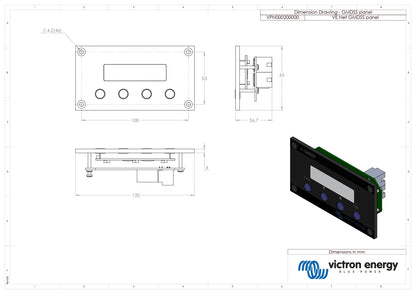 Technical dimension drawing of a GV/G035 panel by Victron Energy, showing front, side, and bottom views with measurements, plus a rendered product view on a white sheet.