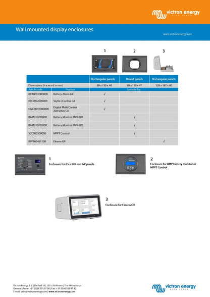 A technical specification and selection guide page for Victron Energy wall-mounted display enclosures, showing three numbered enclosure styles with dimensions, pin configurations, and small product photos on a white page with an orange header.