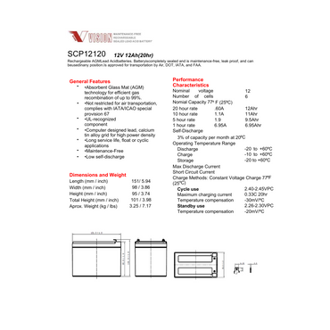 SCP12120 12v 12ah sla battery