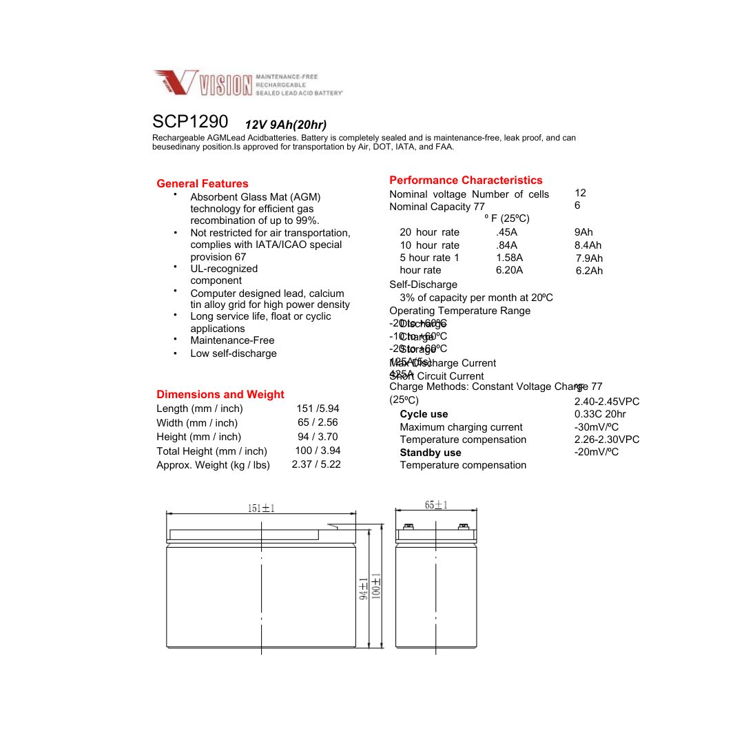 SCP1290 12v 9ah sealead lead acid battery