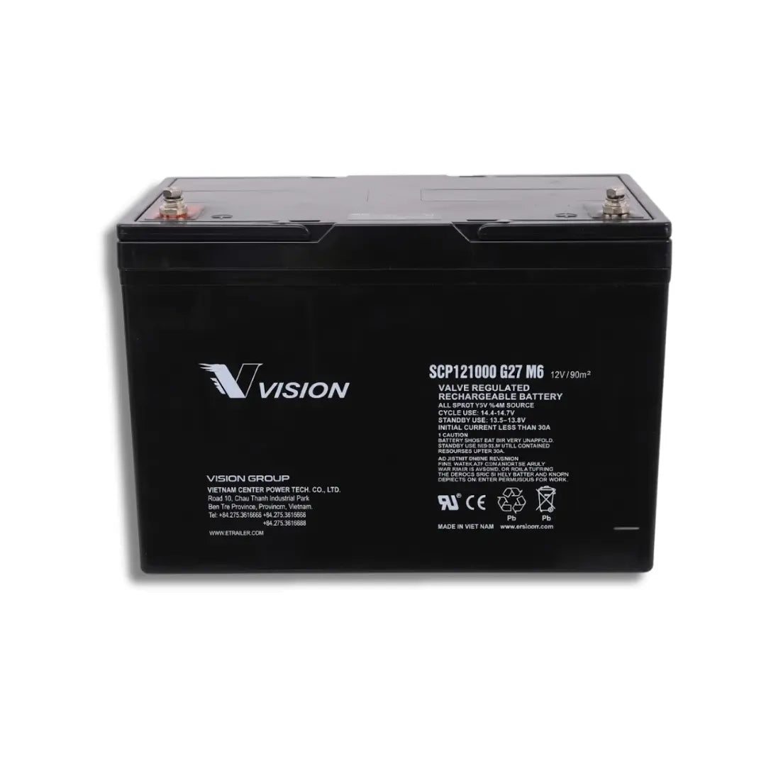 A black Vision Group battery with printed specifications and the Vision logo on the front, set against a plain white background.