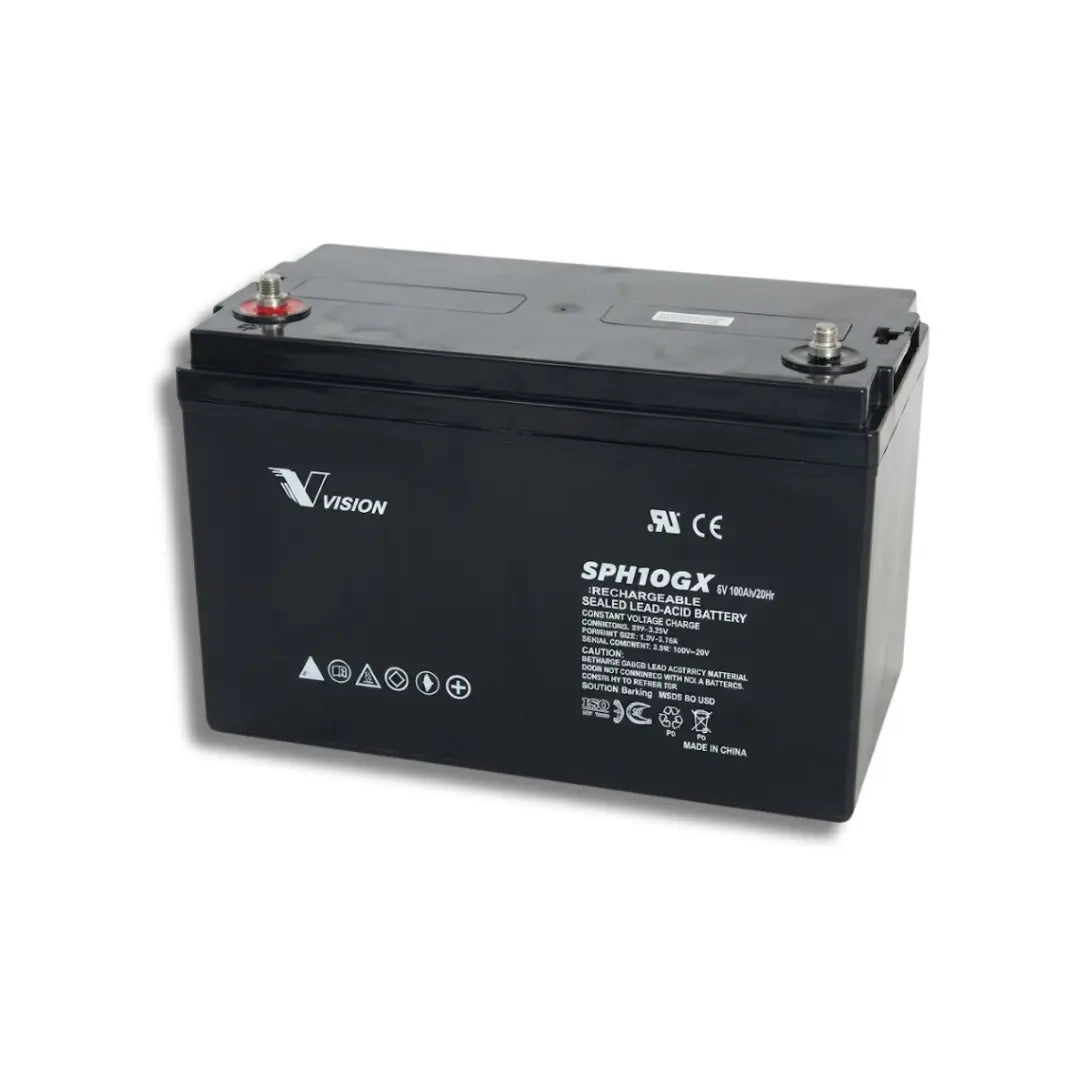 A Vision SPH10GX 12V lead-acid battery with a black casing, shown at a three-quarter angle on a white background.