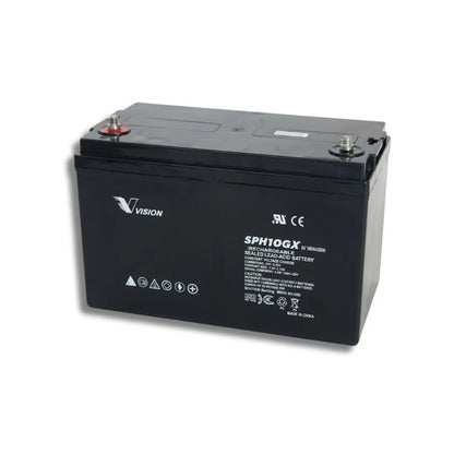 A Vision SPH10GX 12V lead-acid battery with a black casing, shown at a three-quarter angle on a white background.