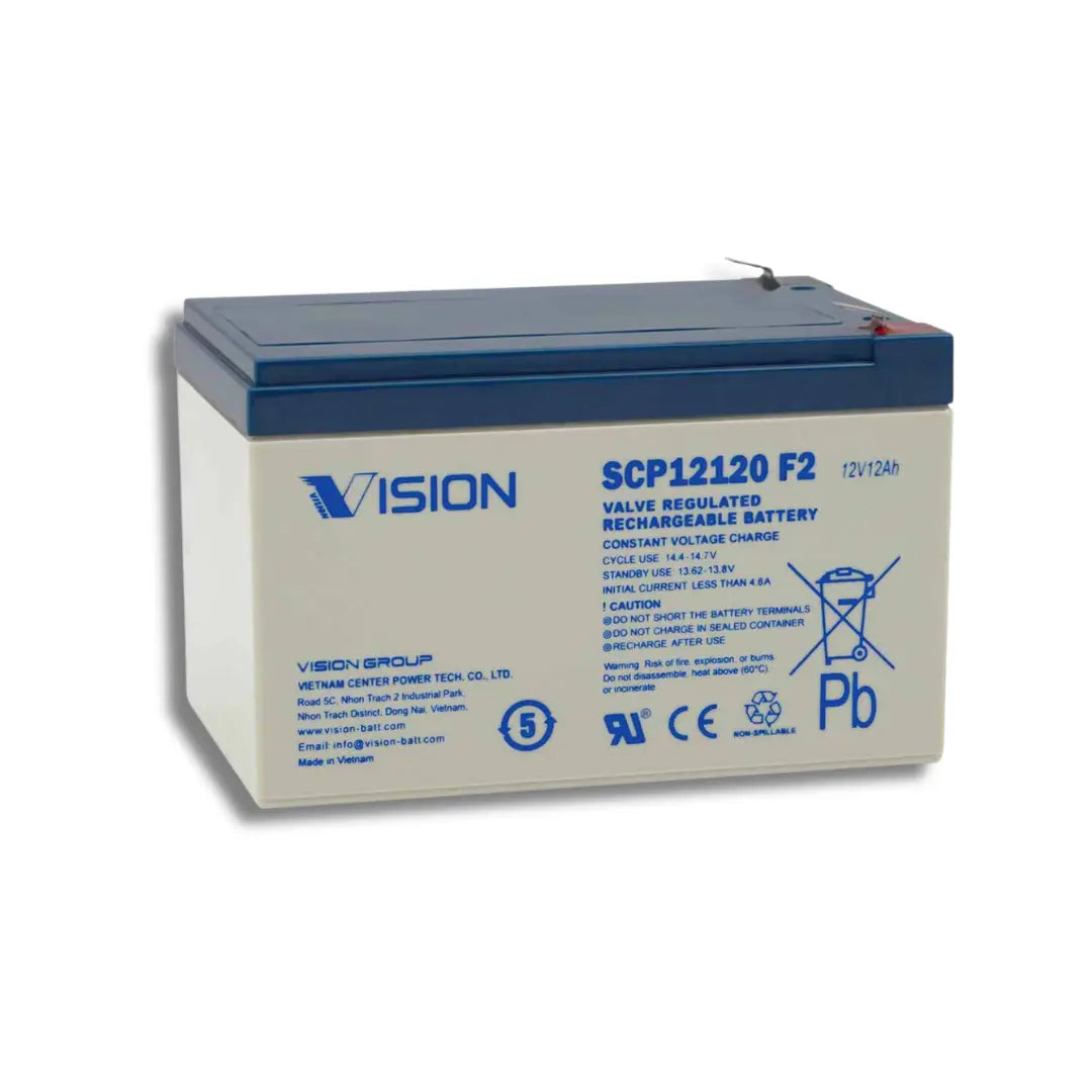 A Vision Group lead-acid rechargeable battery, model SCP12120 F2, with a dark blue top and a light beige front label, shown on a plain white background.