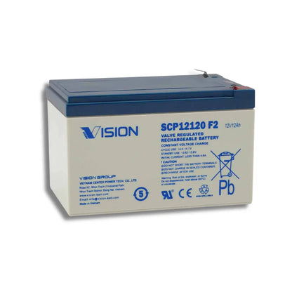 A Vision Group lead-acid rechargeable battery, model SCP12120 F2, with a dark blue top and a light beige front label, shown on a plain white background.
