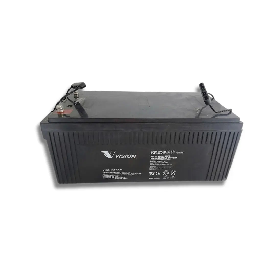 A black VISION brand lead-acid battery with ribbed sides and attached terminal leads on top, shown against a plain white background.