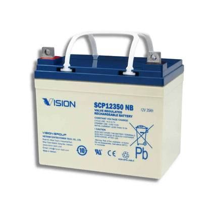 A Vision Group Vision Power SCP12350 NB valve regulated rechargeable battery, 12V 35Ah, with a cream-colored casing, blue top cover, and white carrying handles.