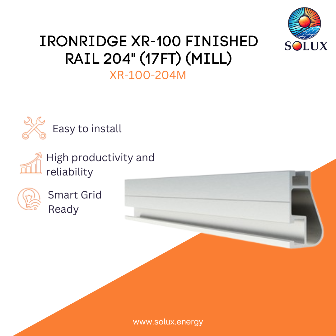 Solux Ironridge XR-100 finished rail product with features and branding on a white and orange background.