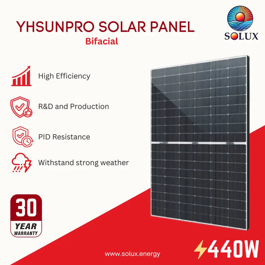 YHSUNPRO SOLAR PANEL Bifacial by SOLUX, a 440W bifacial solar panel shown on a red and white promotional graphic with feature icons and a 30-year warranty badge.