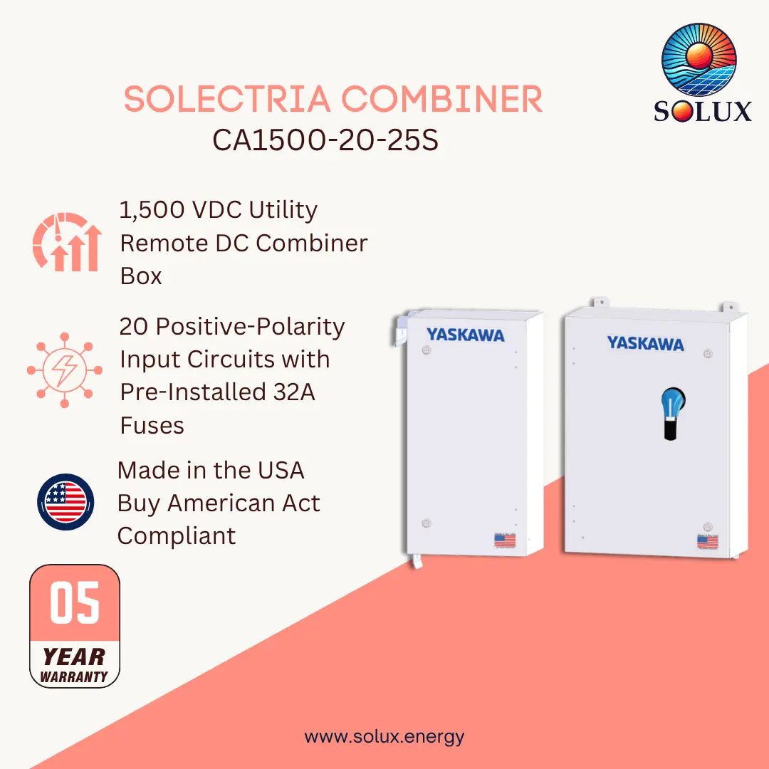 Promotional graphic for the Solux Solectria Combiner CA1500-20-25S, showing two white Yaskawa utility combiner boxes on a light beige and coral background with product features and a 5-year warranty badge.