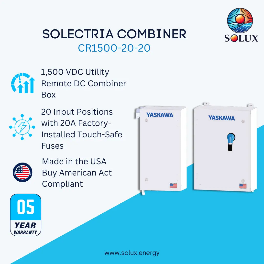 Promotional graphic for the Solux Solectria Combiner CR1500-20-20, showing two white Yaskawa remote DC combiner boxes on a light blue and cyan background with product features and a 5-year warranty badge.