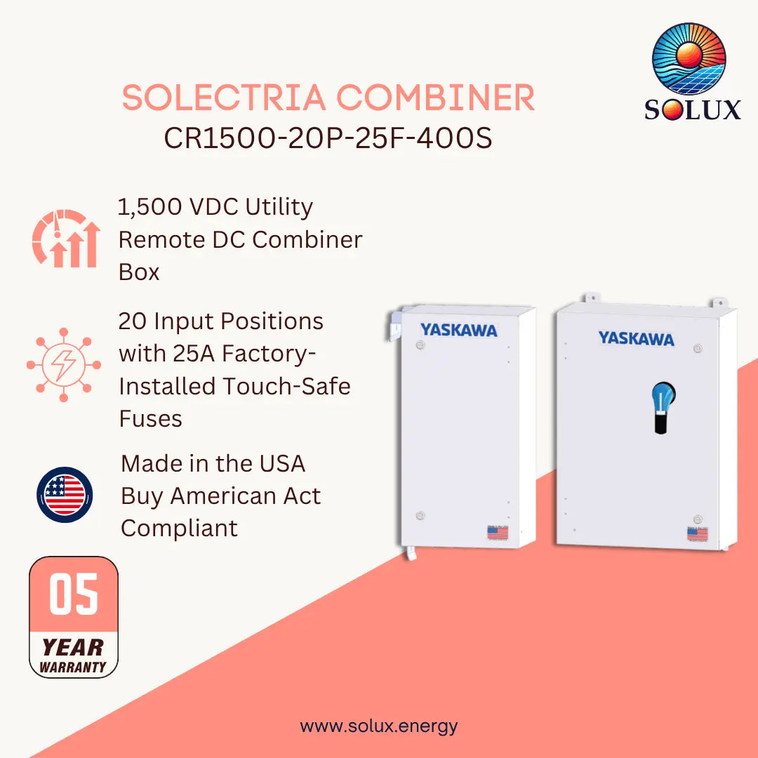 Promotional graphic for the Solectria Combiner CR1500-20P-25F-400S by Solux, showing two white Yaskawa utility combiner boxes on a light beige and coral background with product features and a 5-year warranty badge.