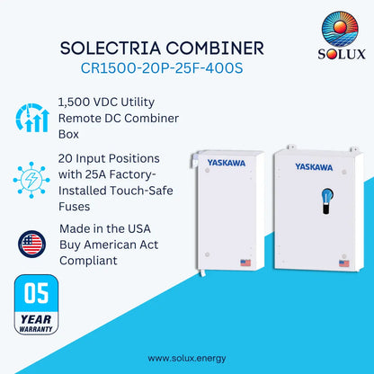 Promotional graphic for a Solux Solectria Combiner CR1500-20P-25F-400S, showing two white Yaskawa utility combiner boxes on a light blue and white background with product features and text callouts.