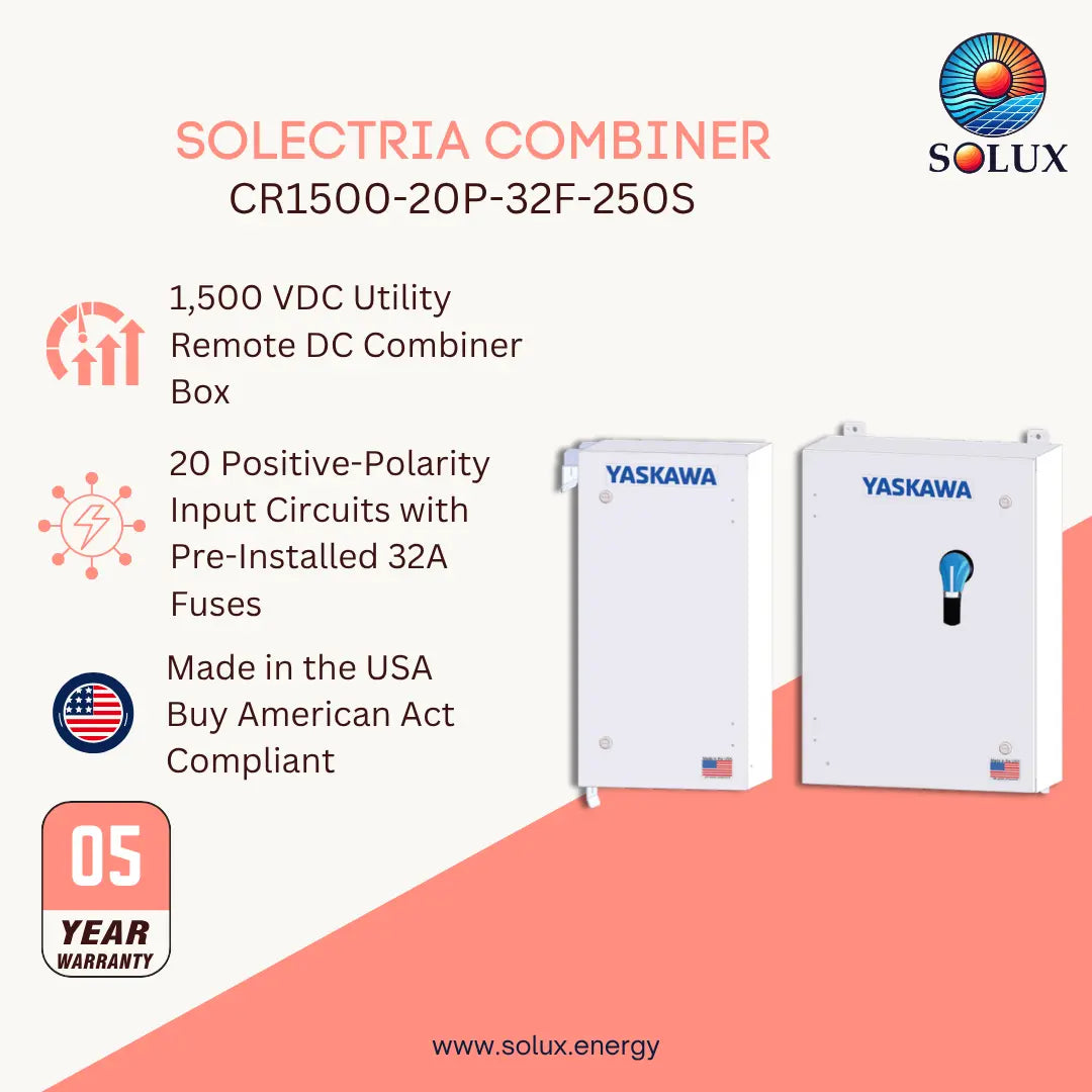 Promotional graphic for a Solux Solectria Combiner CR1500-20P-32F-250S, showing two white Yaskawa utility boxes on a light beige and coral background with product features and a 5-year warranty badge.