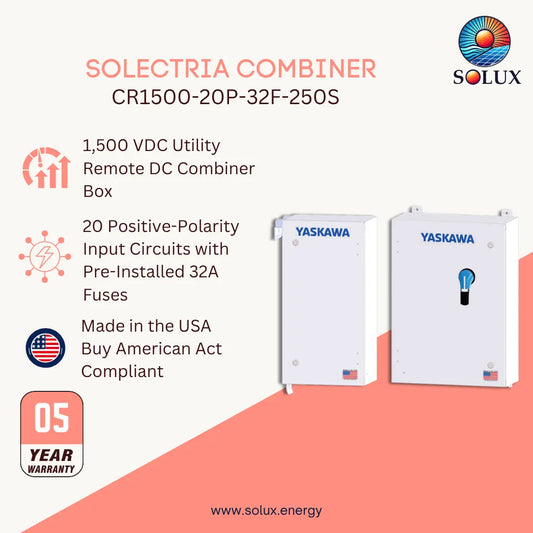 Promotional graphic for a Solux Solectria Combiner CR1500-20P-32F-250S, showing two white Yaskawa utility boxes on a light beige and coral background with product features and a 5-year warranty badge.