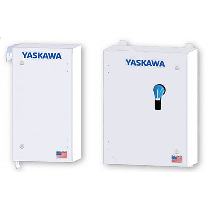 Two white Yaskawa electrical control panels shown side by side on a plain white background, one with blue YASKAWA branding and a small American flag sticker, and the other with blue YASKAWA branding and a light bulb graphic.