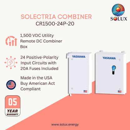 Promotional graphic for the Solux Solectria Combiner CR1500-24P-20, showing two white Yaskawa utility boxes on a light beige and coral background with product features and a 5-year warranty badge.