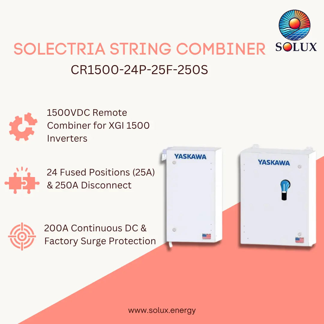 Promotional graphic for the Solux Solectria String Combiner CR1500-24P-25F-250S, showing two white Yaskawa inverters/combiner units on a light beige and coral background with feature callouts and the Solux logo.