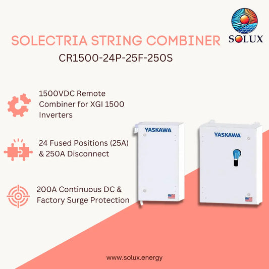 Promotional graphic for the Solux Solectria String Combiner CR1500-24P-25F-250S, showing two white Yaskawa inverters/combiner units on a light beige and coral background with feature callouts and the Solux logo.