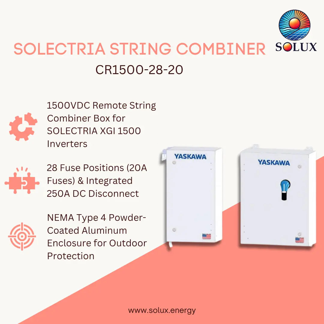 Promotional graphic for the Solux Solectria String Combiner CR1500-28-20, showing two Yaskawa remote string combiner boxes on a light beige and coral background with feature callouts.