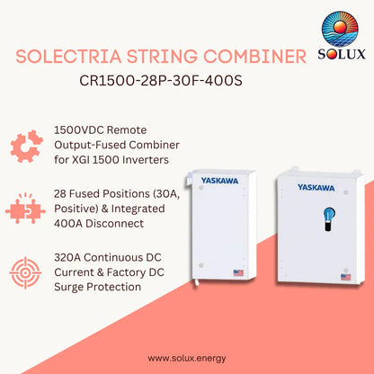 Promotional graphic for the Solux Solectria String Combiner CR1500-28P-30F-400S, showing two white Yaskawa electrical cabinets on a light beige and coral background with feature callouts and logos.