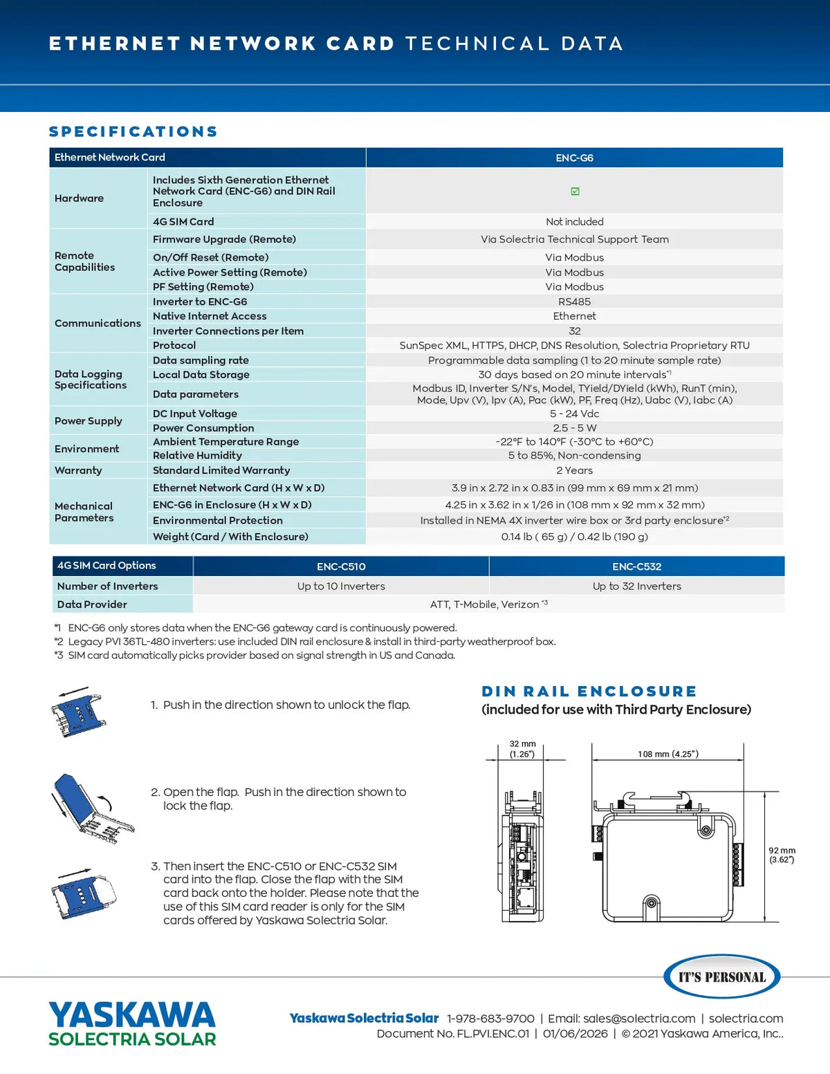 A technical datasheet page for the Yaskawa Ethernet Network Card (ENC-8500), showing specifications, pinout diagrams, and installation instructions for the ENC-8500 and DIN BAIL ENCLOSEURE on a white background.