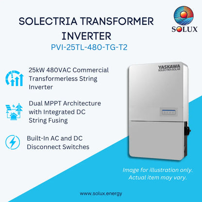 Promotional graphic for a Solux Solectria Transformer Inverter, model PVI-25TL-480-TG-T2. The image features a white rectangular inverter unit with a blue digital display on the front, set against a split white and blue background with product specifications and the Solux logo.