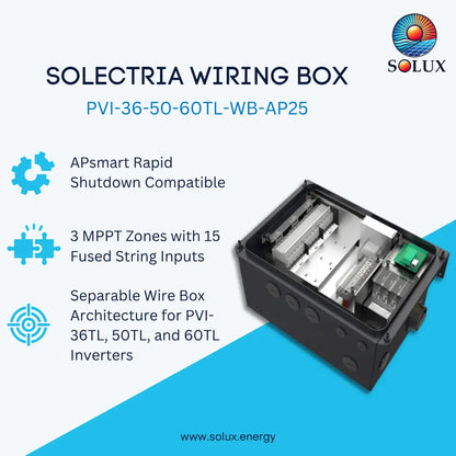 A promotional graphic for a Solux Solectria wiring box, model PVI-36-50-60TL-WB-AP25. The image features a black metal enclosure with its door open, showing internal circuitry and a green terminal block.