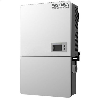 Yaskawa Solectria Solar inverter unit in a white and dark gray housing, featuring a small digital display screen on the front.