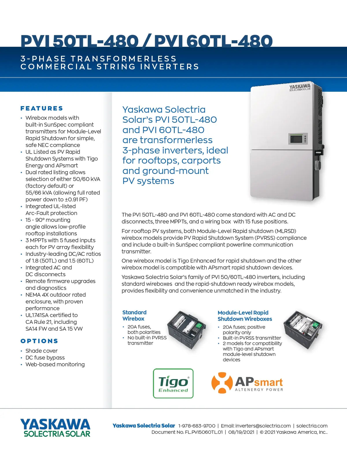 A technical specification and feature sheet for Yaskawa Solitaire Solar PVI 50T-480 and PVI 60T-480 commercial string inverters, with text sections, feature highlights, and logos for Yaskawa, Solitaire, Tigo, and AP smart.