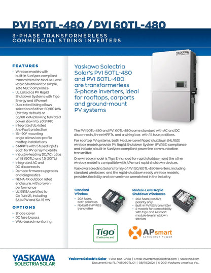 A technical specification and feature sheet for Yaskawa Solitaire Solar PVI 50T-480 and PVI 60T-480 commercial string inverters, with text sections, feature highlights, and logos for Yaskawa, Solitaire, Tigo, and AP smart.