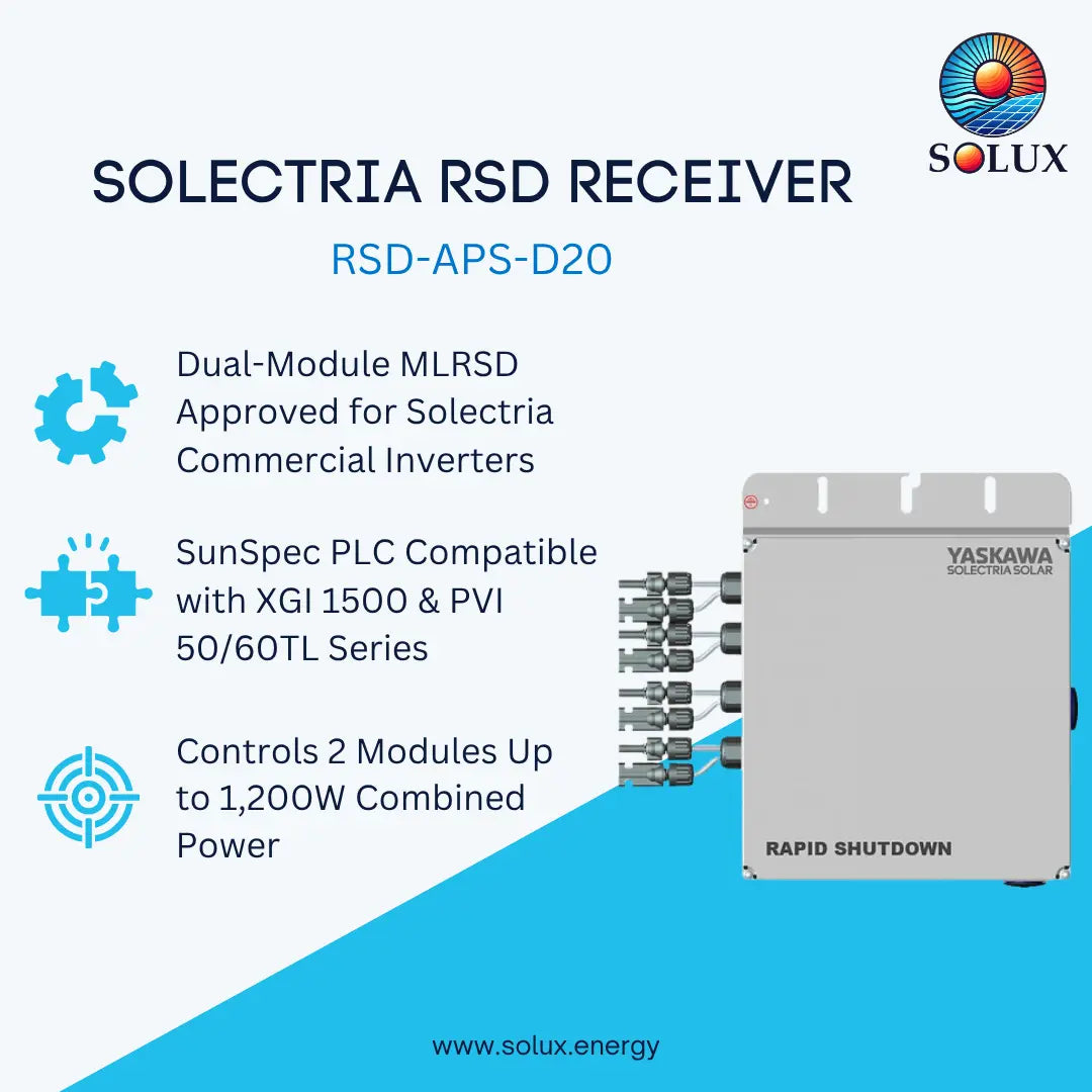 Promotional graphic for the Solux Solectria RSD Receiver, model RSD-APS-D20, showing a gray industrial electrical module with connection terminals on the side. The graphic includes text detailing compatibility with Solectria commercial inverters, SunSpec PLC, and power ratings, alongside the Solux and Yaskawa logos.
