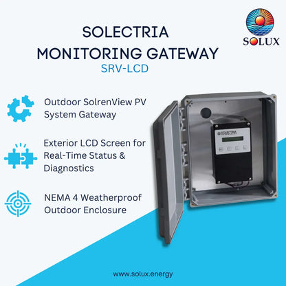 Promotional graphic for the Solux Solectria Monitoring Gateway SRV-LCD, showing an open weatherproof metal enclosure with a black internal device and LCD screen. Text highlights outdoor SolrenView PV system gateway, exterior LCD screen, and NEMA 4 weatherproof enclosure.