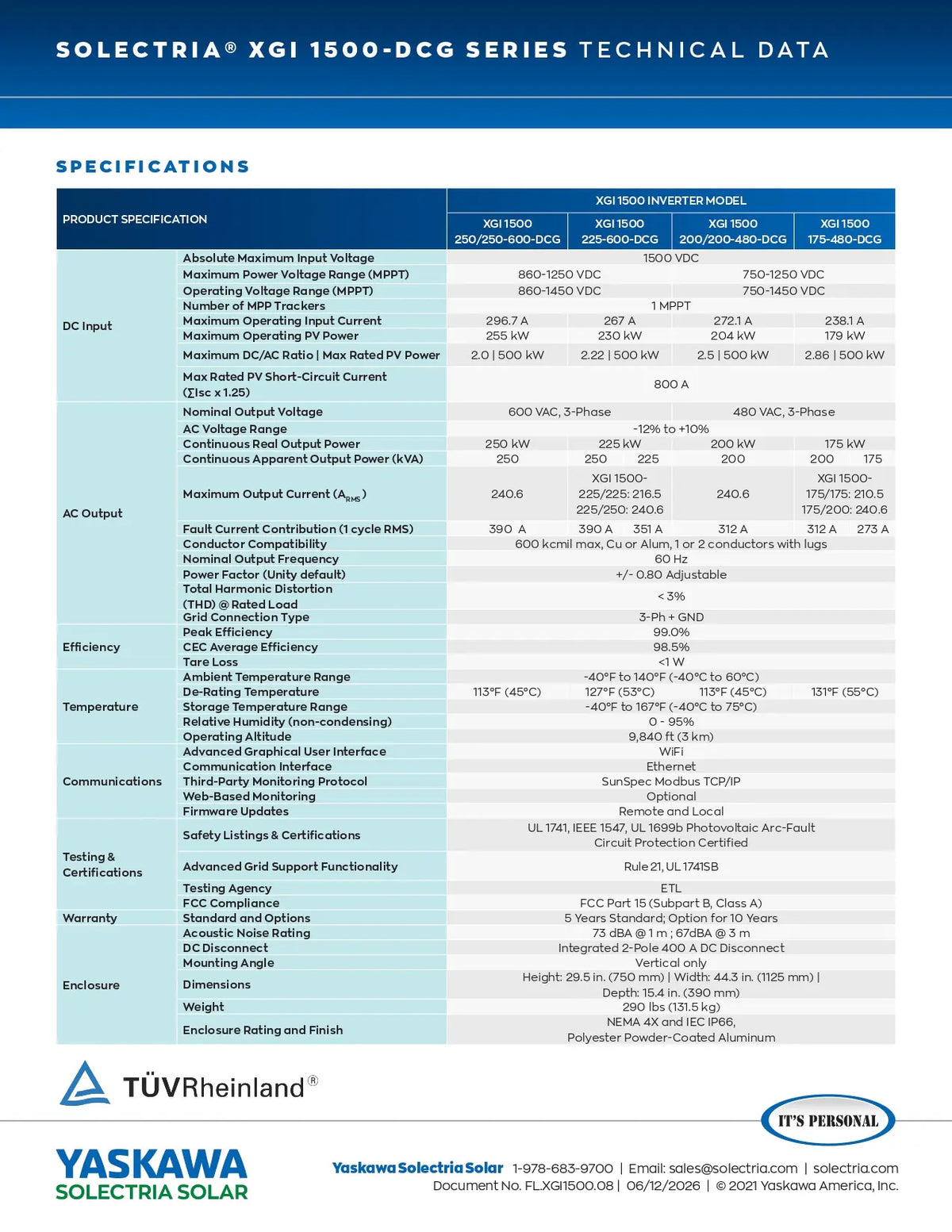 A technical data sheet page for the Sollectria XGI 1500-DCG Series Inverter Data, showing detailed specifications, ratings, and compliance information in a table format with logos for TÜV Rheinland and Yaskawa at the bottom.