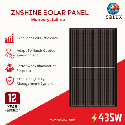 A monocrystalline solar panel by Solux, shown on a promotional graphic with text highlighting product features such as excellent cell efficiency, outdoor adaptability, weak illumination response, and a 12-year warranty. The panel is black with a grid pattern, set against a white and red background with the Solux logo.