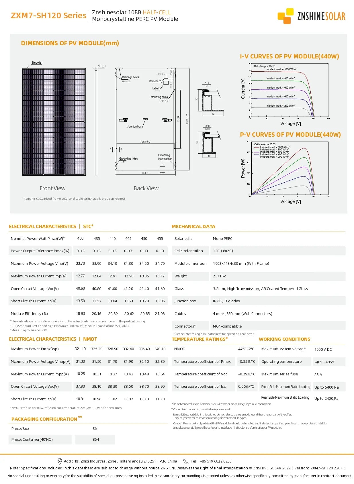 Technical datasheet and dimension diagram for the ZKX70-SH120 Series Zinnesolar 108V Half-Cell Monocrystalline PERC PV Module, showing front and back views, I-V curves, P-V curves, electrical characteristics, and packing configuration.