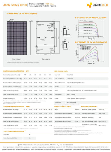 Technical datasheet and dimension diagram for the ZKX70-SH120 Series Zinnesolar 108V Half-Cell Monocrystalline PERC PV Module, showing front and back views, I-V curves, P-V curves, electrical characteristics, and packing configuration.
